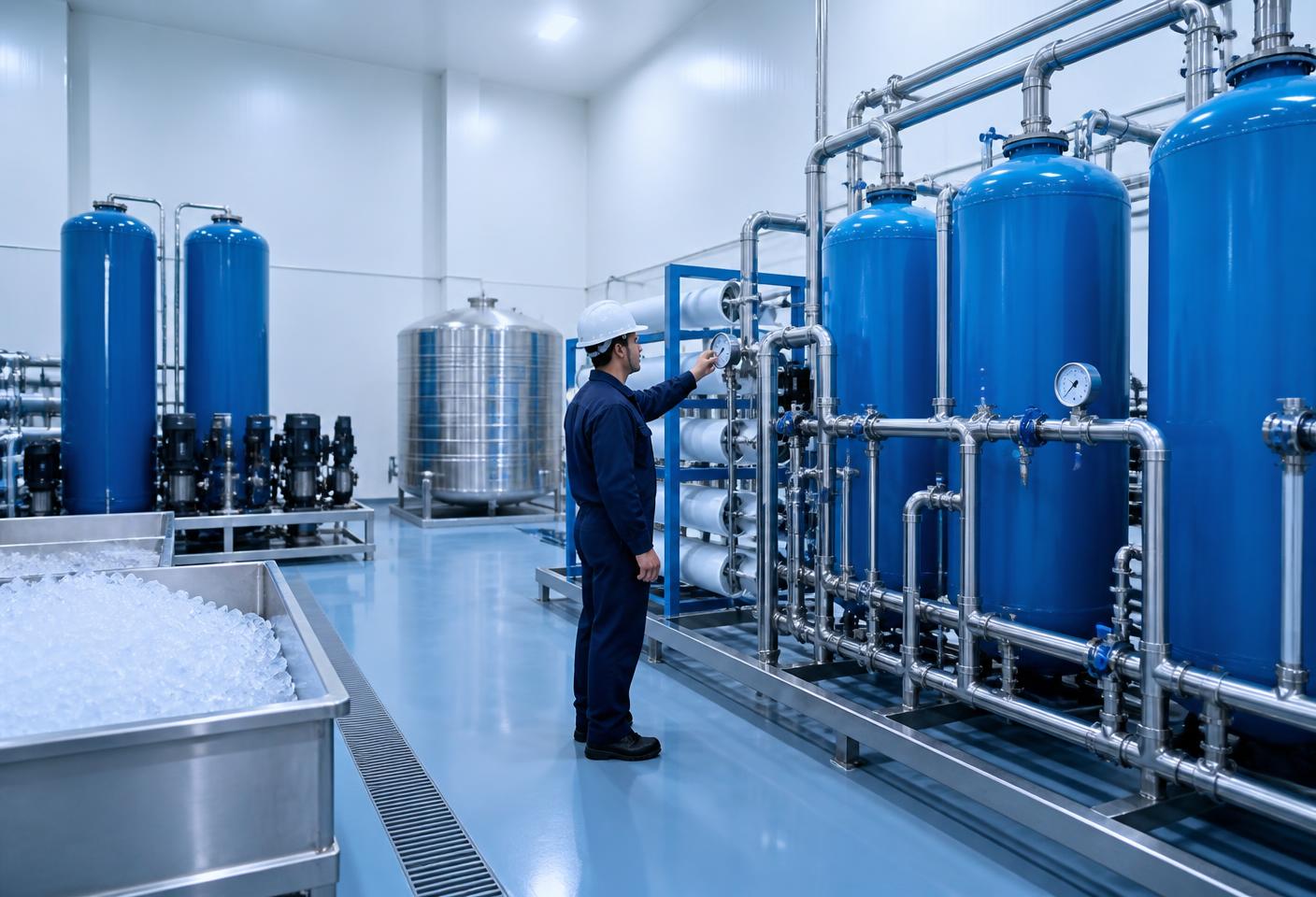 Sistema de tratamiento y filtración de agua en planta de producción de hielo