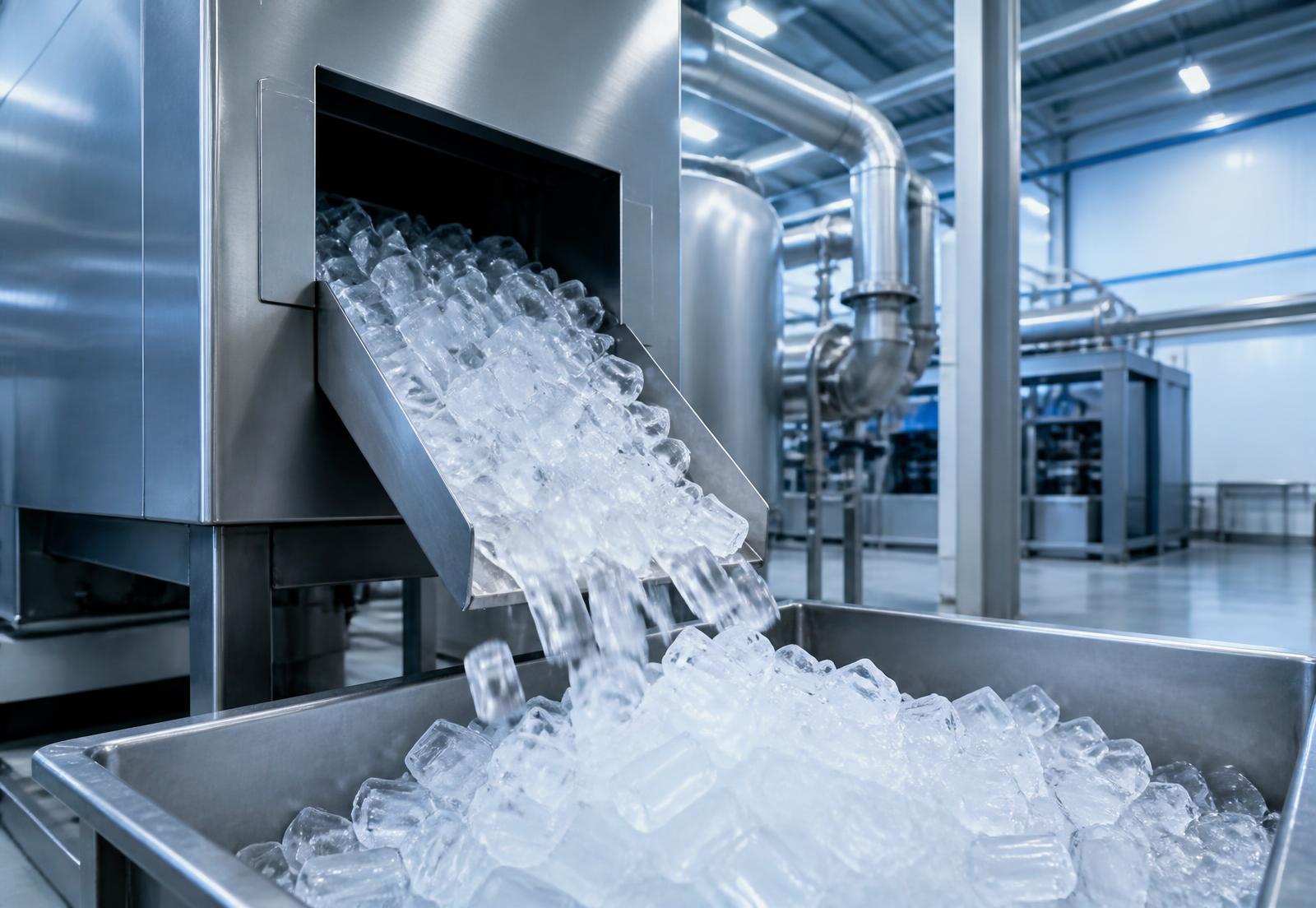 Planta de producción de hielo industrial con máquina de hielo tubular en acero inoxidable