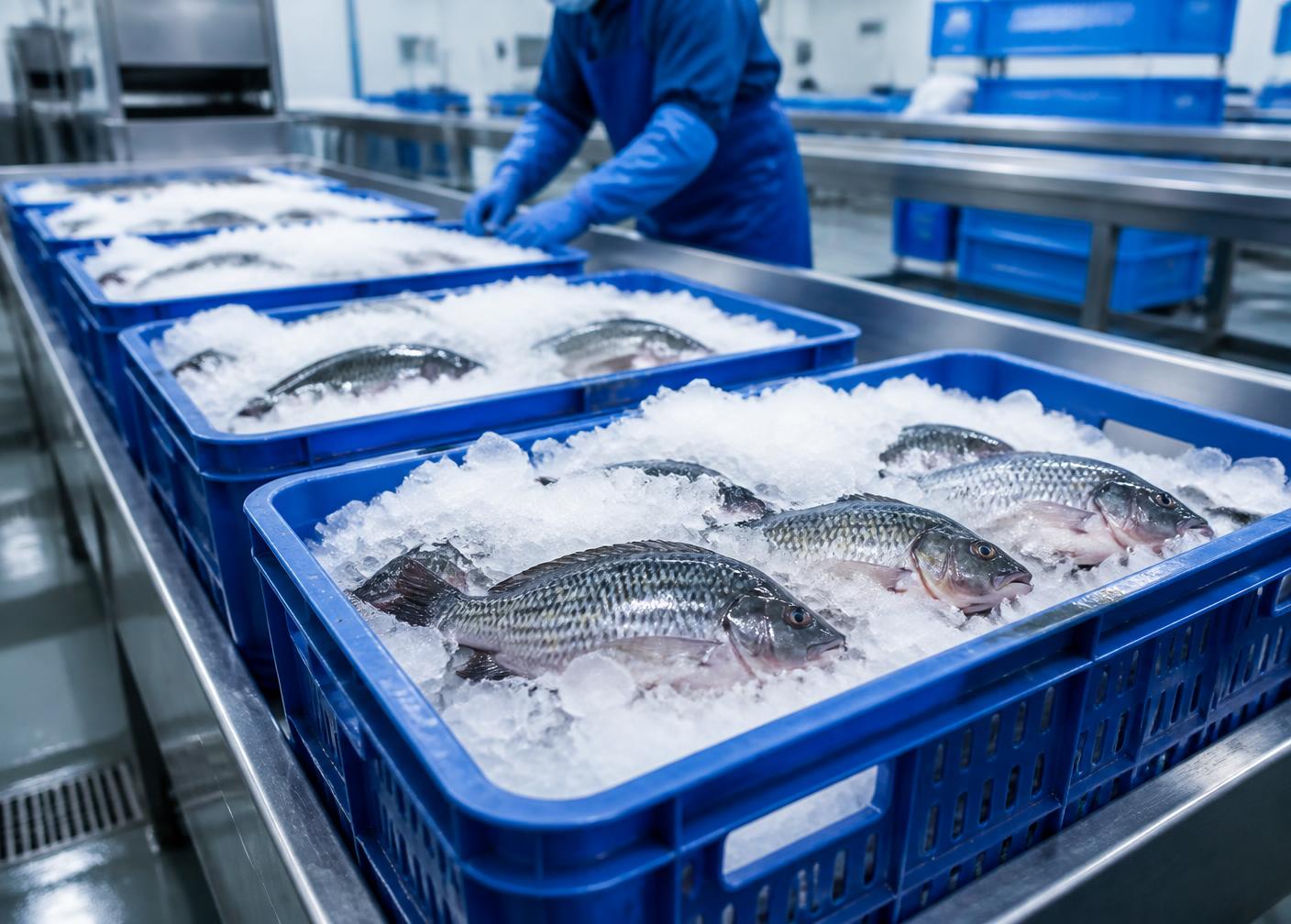 Pescado fresco conservado en hielo dentro de canastillas en una planta de procesamiento